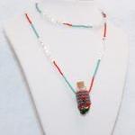 Beaded Bottle Necklace In Teal And Red With Bird..