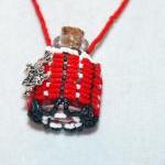 Necklace Beaded Bottle In Red, Gray, And White..