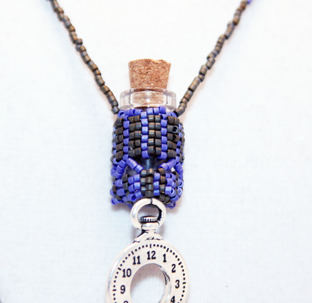 Beaded Bottle Necklace Blue And Gray With Clock Charm