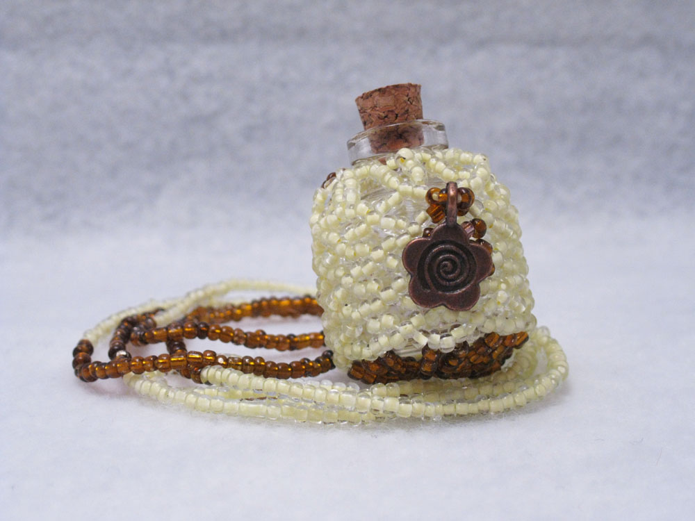 Beaded Fairy Bottle Necklace Yellow And Brown With Copper Flower