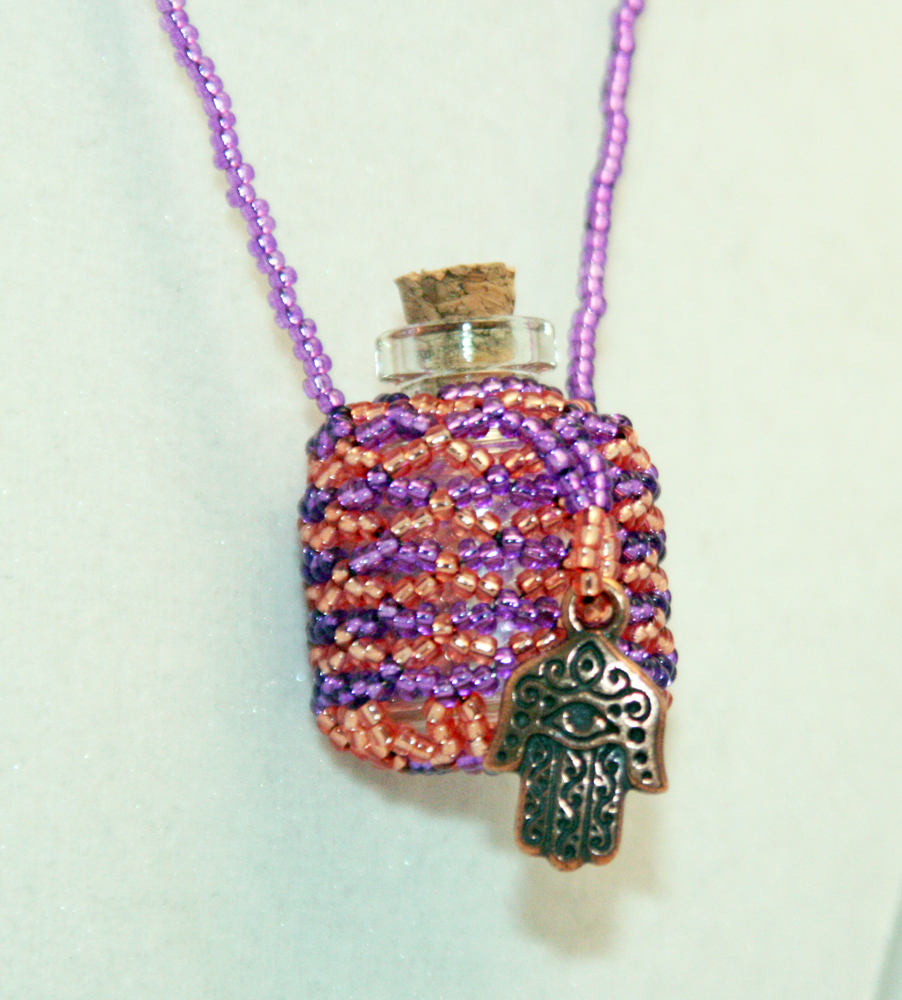 Necklace Beaded Fairy Bottle In Purple And Orange With Hamsa Hand