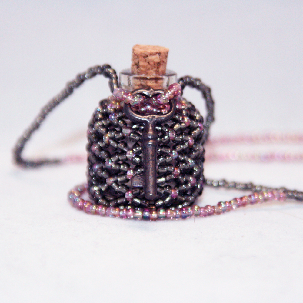 Bottle Necklace Beaded In Silver And Purple With Skeleton Key