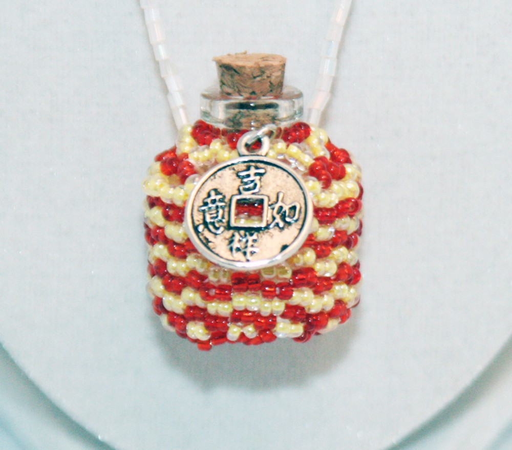 Necklace Beaded Bottle In Red And Yellow With I-ching
