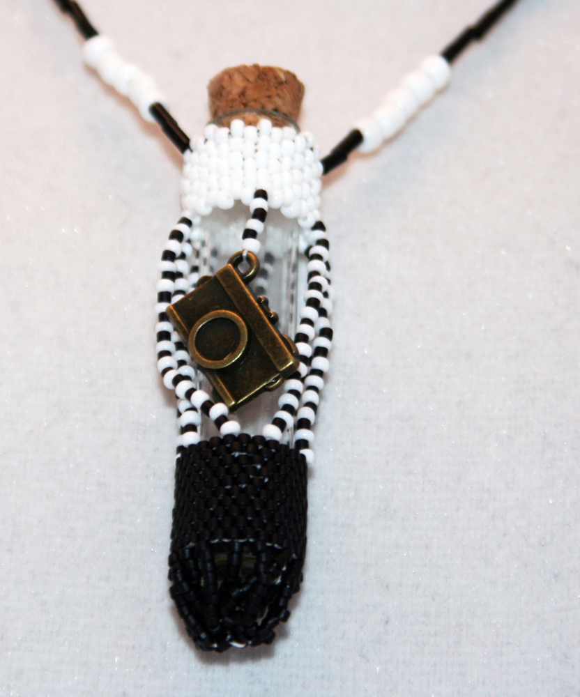 Beaded Bottle Necklace In Black And White With Camera Charm