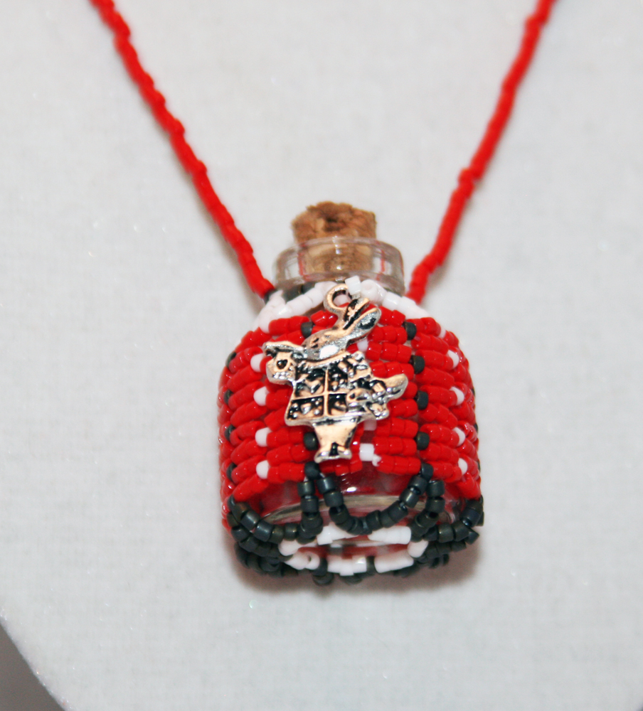 Necklace Beaded Bottle In Red, Gray, And White With A White Rabbit Charm. Alice In Wonderland Tribute