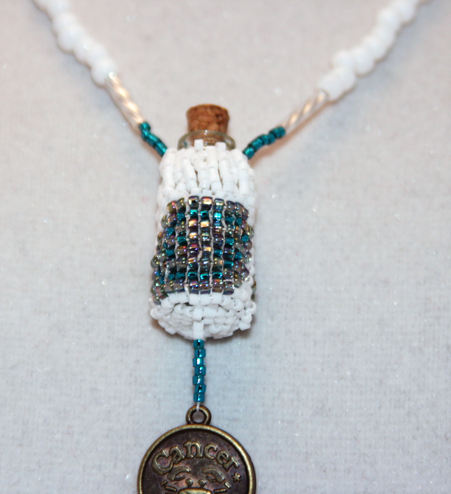 Astrological Beaded Bottle Necklace In White, Teal, And Silver With Cancer Medallion
