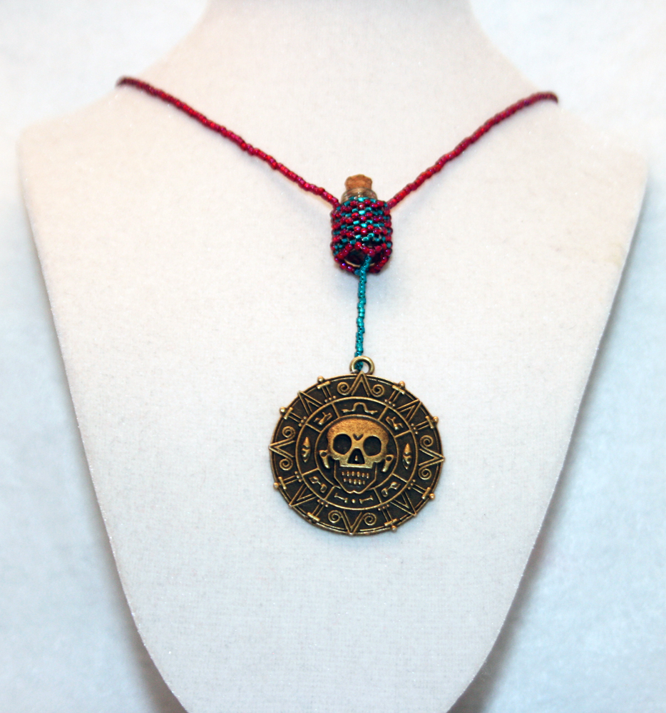 Beaded Bottle Pirate Necklace In Magenta And Teal