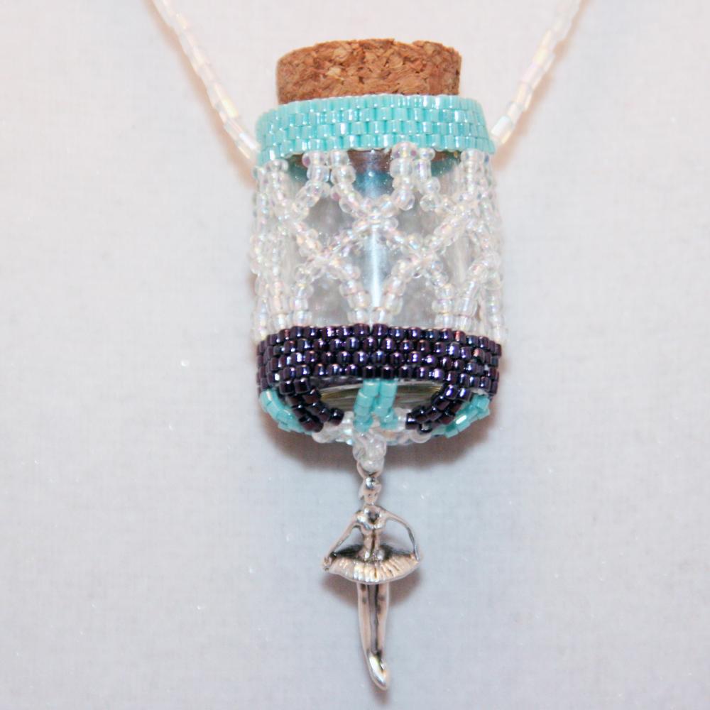 Herb Bottle Necklace In Purple, Turquoise, And Pearl With Ballerina Charm
